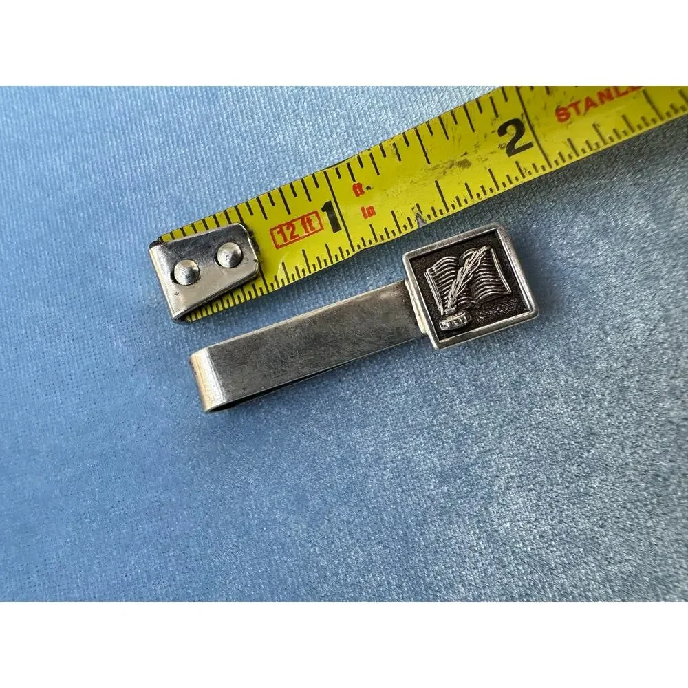 Vintage Sterling Silver Tie Clip Open Book Quill Feather Inkwell Writer Author